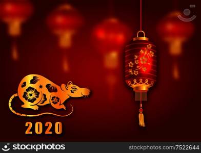 Happy Chinese New Year 2020 Card with Golden Rat Zodiac - Illustration Vector. Happy Chinese New Year 2020 Card with Golden Rat Zodiac