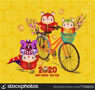 Happy Chinese new year - 2020 text and rat zodiac and bicycle.