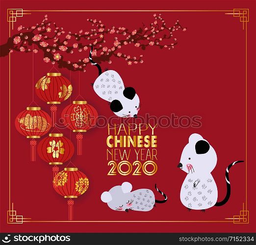 Happy chinese new year 2020 with Lanterns and cherry blossom. Year of the Rat.