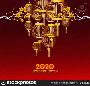 Happy chinese new year 2020 Zodiac sign with gold paper cut art and craft style on color Background