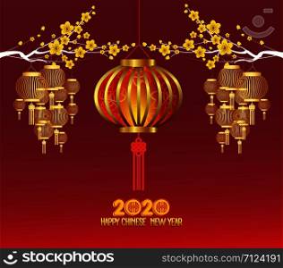 Happy chinese new year 2020 Zodiac sign with gold paper cut art and craft style on color Background