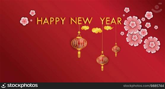Happy Chinese New Year 2021. Consisting of clouds, lanterns, Chinese pink flowers On a red background for greetings card, flyers, invitation, posters, brochure, calendar.