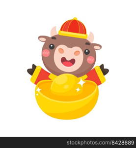 Happy chinese new year 2021 greeting card cartoon cow holding red greeting sign in the new year