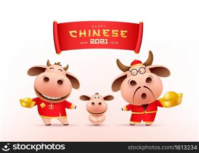 Happy Chinese new year 2021 red banner, little ox family holding chinese gold, red cheongsam dress, character zodiac cartoon, EPS 10 vector illustration