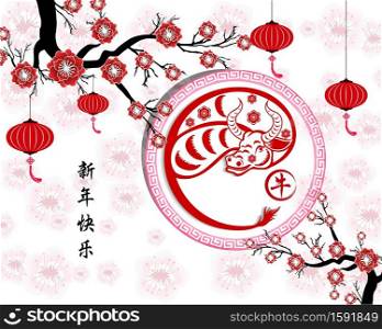 Happy chinese new year 2021 with cherry blossom flower year of the Ox. 