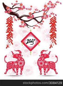 Happy chinese new year 2021 with cherry blossom flower year of the Ox.