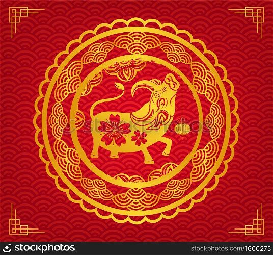 Happy chinese new year 2021 with gold head ox zodiac and text in chinese culture frame vector design 
