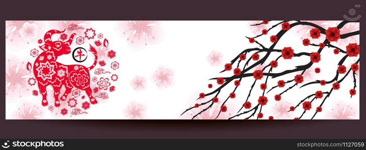 Happy chinese new year 2021 year of the ox. flower and asian elements with craft style on background.