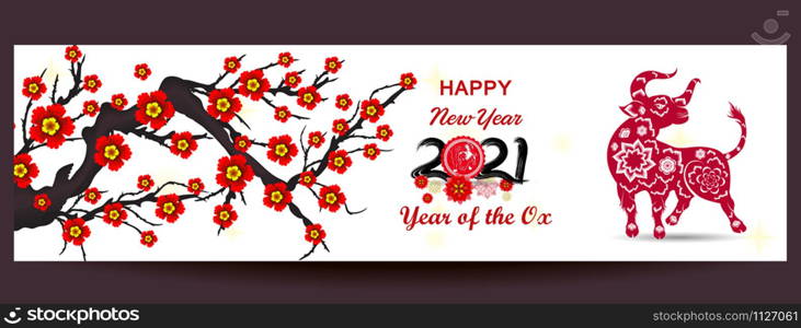 Happy chinese new year 2021 year of the ox. flower and asian elements with craft style on background.