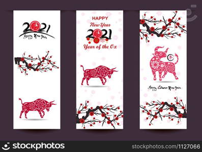 Happy chinese new year 2021 year of the ox. flower and asian elements with craft style on background.