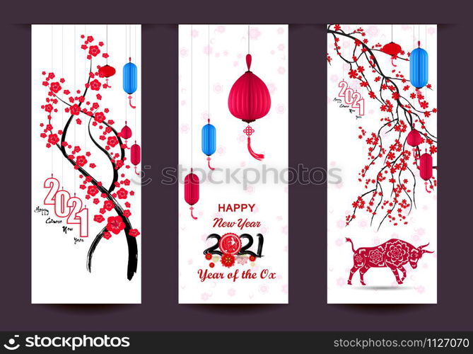 Happy chinese new year 2021 year of the ox. flower and asian elements with craft style on background.