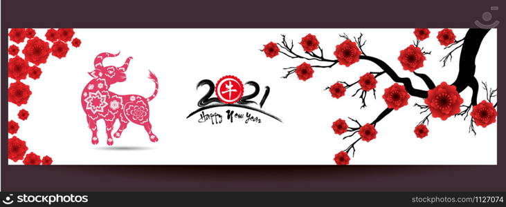 Happy chinese new year 2021 year of the ox. flower and asian elements with craft style on background.