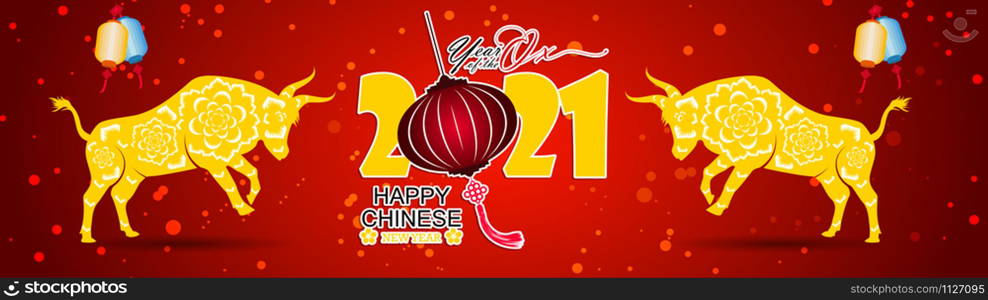 Happy chinese new year 2021 year of the ox. flower and asian elements with craft style on background.