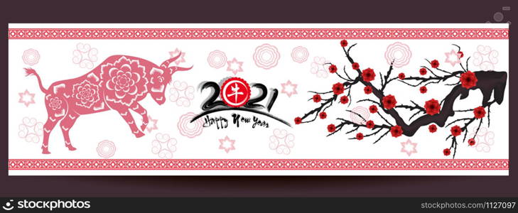 Happy chinese new year 2021 year of the ox. flower and asian elements with craft style on background.