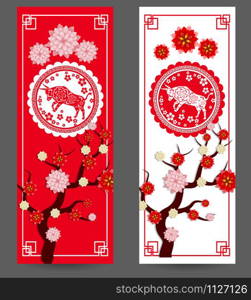 Happy chinese new year 2021 year of the ox. flower and asian elements with craft style on background.