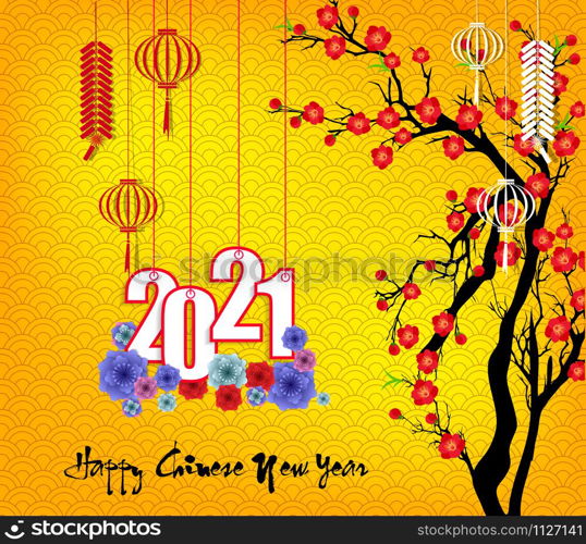Happy chinese new year 2021 year of the ox. flower and asian elements with craft style on background.