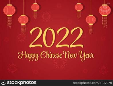 Happy Chinese New Year 2022 with Zodiac Cute Tiger and Flower on Red Background for Greeting Card, Calendar or Poster in Flat Design Illustration