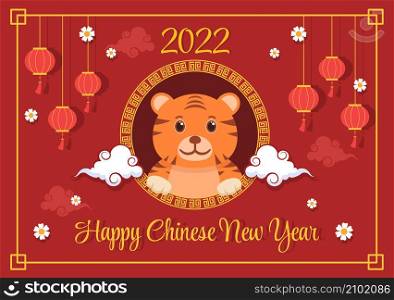 Happy Chinese New Year 2022 with Zodiac Cute Tiger and Flower on Red Background for Greeting Card, Calendar or Poster in Flat Design Illustration