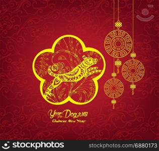 Happy Chinese new year and year of dog card is lanterns and dog in frame (hieroglyph: Dog)