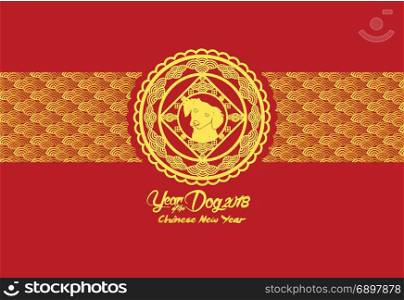 Happy Chinese new year and year of dog card with gold dogs in flower circle
