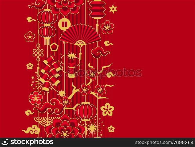 Happy Chinese New Year ceamless pattern. Background with oriental symbols. Asian tradition elements.. Happy Chinese New Year ceamless pattern. Background with oriental symbols.