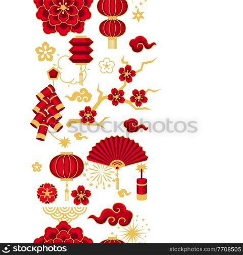 Happy Chinese New Year ceamless pattern. Background with oriental symbols. Asian tradition elements.. Happy Chinese New Year ceamless pattern. Background with oriental symbols.