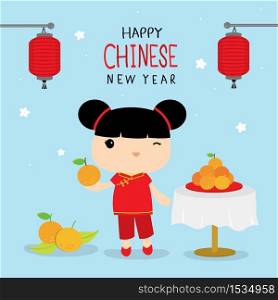 Happy Chinese New Year, Children Character Cartoon in Traditional Clothes Celebrate Vector.