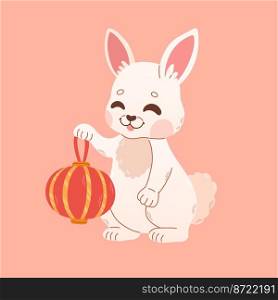Happy Chinese new year greeting card 2023 with cute rabbit with red Chinese lantern. 2023 CNY card. Vector