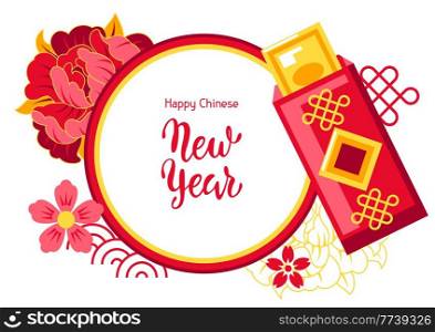 Happy Chinese New Year greeting card. Background with talismans and holiday decorations. Asian tradition symbols. Wishes of happiness, good luck and wealth.. Happy Chinese New Year greeting card. Background with talismans and holiday decorations. Asian tradition symbols.