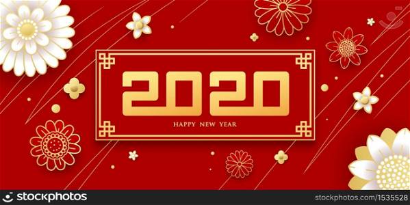 Happy Chinese New Year number 2020 greeting card flower and draw line gold banner on red background, vector illustration