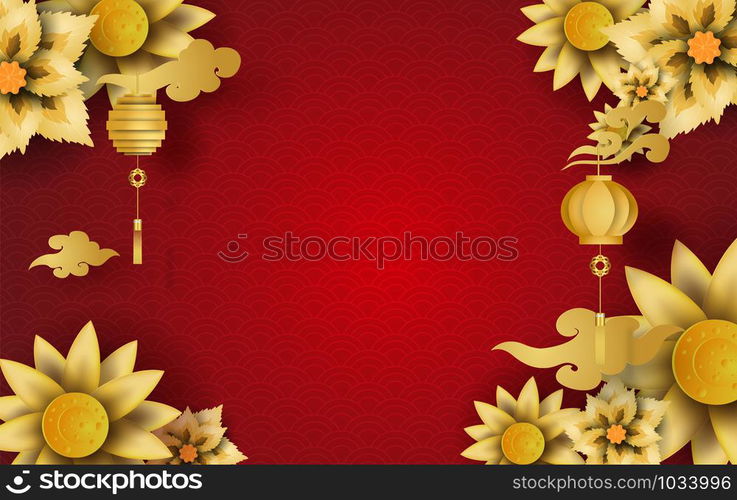 Happy Chinese New Year of the flower blossom golden Characters design for traditional festival Greetings Card,Paper cut and craft style scene place your text background concept.vector illustration