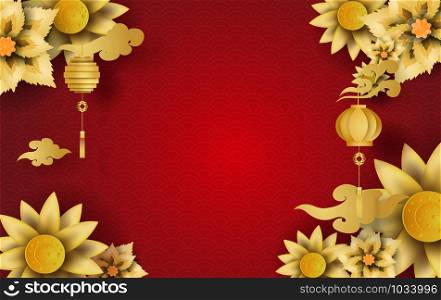 Happy Chinese New Year of the flower blossom golden Characters design for traditional festival Greetings Card,Paper cut and craft style scene place your text background concept.vector illustration