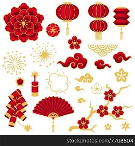 Happy Chinese New Year set of decorative objects. Background with oriental symbols. Asian tradition elements.. Happy Chinese New Year set of decorative objects. Collection of oriental symbols.