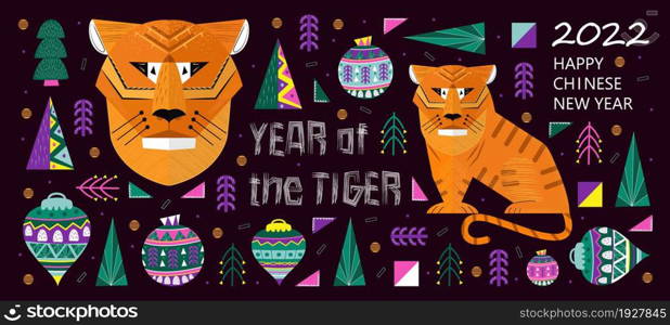 Happy Chinese Tiger New Year 2022 banner vector. Geometrical trees, fir, christmas tree toy. Asian year of the tiger. Christmas background poster illustration. Happy Chinese Tiger New Year 2022 banner vector. Geometrical trees, fir, christmas tree toy.