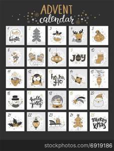 Happy Christmas advent calendar with symbols.. Happy Christmas advent calendar with different christmas symbols for your design. Vector illustration.
