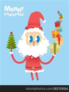 Happy Christmas. Cute Santa Claus holding many gifts and Christmas tree. Card for new year. Good Santa with big eyes. Merry Christmas character with beard.&#xA;