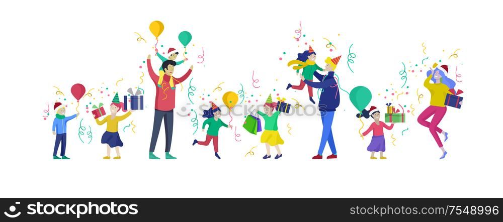 Happy Christmas Day Celebrating together happy. Group of cartoon people in Santa hats and children. Jump and throw gift. Merry Christmas and Happy New Year family character. Illustration, vector. Happy Christmas Day Celebrating together happy. Group of cartoon people in Santa hats and children. Jump and throw gift. Merry Christmas and Happy New Year family