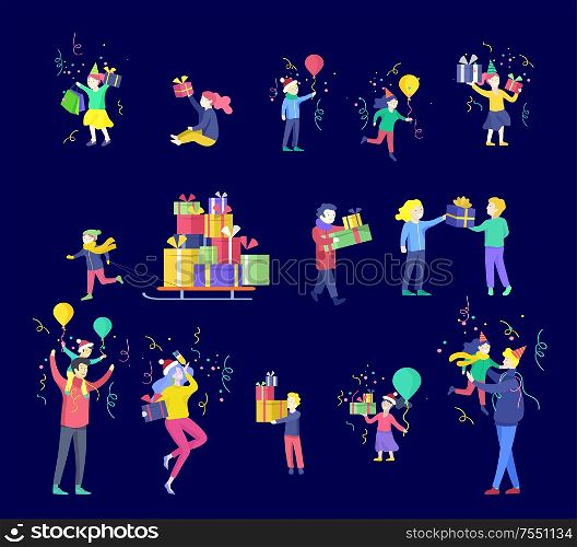 Happy Christmas Day Celebrating together happy. Group of cartoon people in Santa hats and children. Jump and throw gift. Merry Christmas and Happy New Year or birthday party friends character. ??????