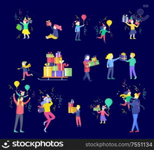 Happy Christmas Day Celebrating together happy. Group of cartoon people in Santa hats and children. Jump and throw gift. Merry Christmas and Happy New Year or birthday party friends character. ??????