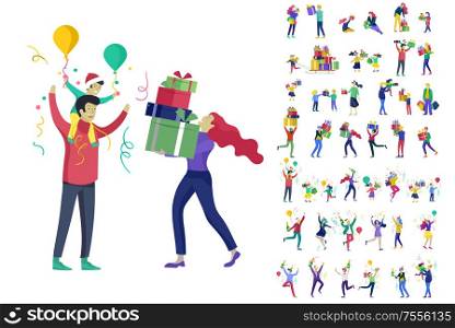 Happy Christmas Day Celebrating together happy. Group of cartoon people in Santa hats and children. Jump and throw gift. Merry Christmas and Happy New Year family character. Illustration, vector. Happy Christmas Day Celebrating together happy. Group of cartoon people in Santa hats and children. Jump and throw gift. Merry Christmas and Happy New Year family character