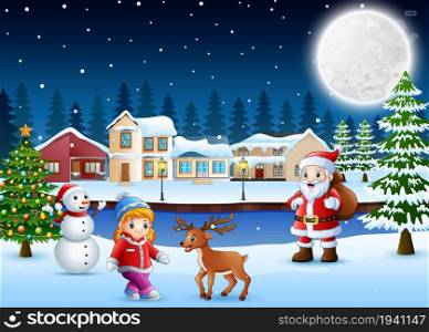 Happy christmas day in winter with snowy village background