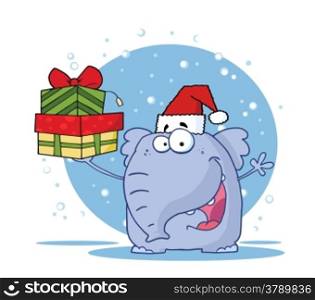 Happy Christmas Elephant Holds Up Gifts In The Snow