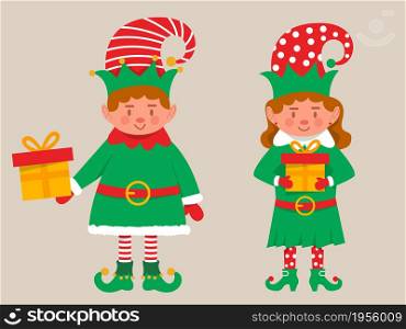 Happy Christmas Elf holding gift green costume season holiday vector