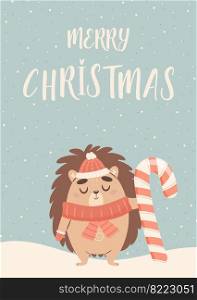 Happy Christmas greeting card with cute cartoon hedgehog character and abstract winter background. Vector