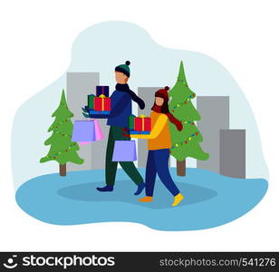 Happy christmas holiday. Winter people walking at city with shopping. Christmas presents. Flat vector illustration. Happy christmas holiday. Winter people walking at city with shopping. Christmas presents.