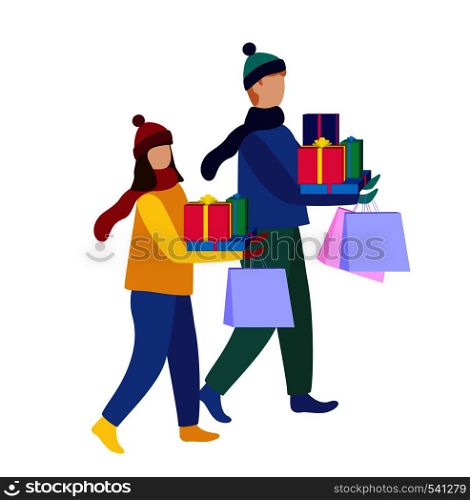 Happy christmas holiday. Winter people walking at city with shopping. Christmas presents. Flat vector illustration. Happy christmas holiday. Winter people walking at city with shopping. Christmas presents.