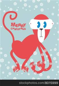 Happy Christmas. Red monkey symbol of new year. Cute primacy with long arms.&#xA;