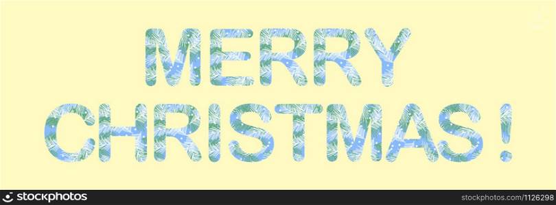 Happy Christmas text on blue background, created from letters with winter pattern of fir branches, isolated text with holiday lights, vector illustration