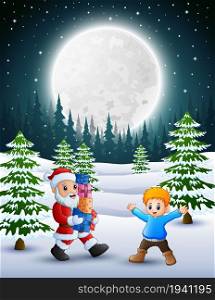 Happy christmas with santa claus holding a box gift and little boy in winter