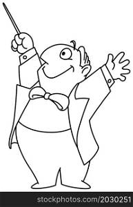 Happy chubby music conductor composer man holding his arms and baton up. Vector line art illustration coloring page.